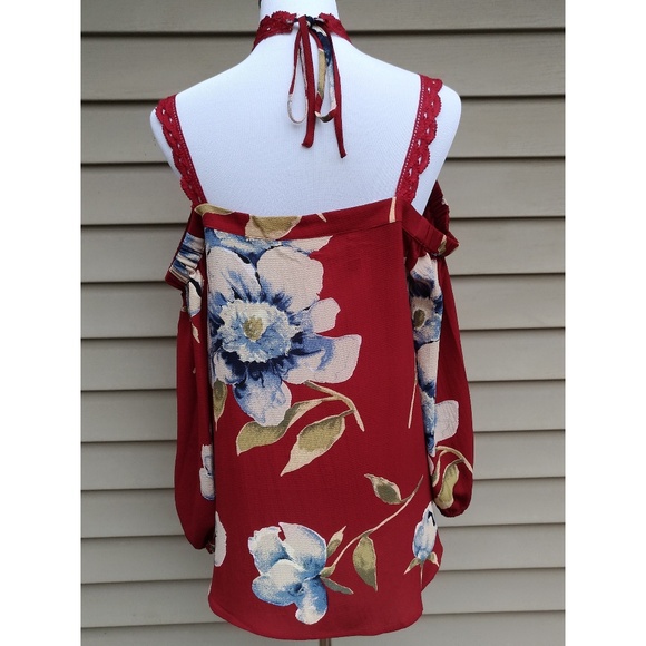 {LAST 1! S} Red Floral Blouse Choker Cold Shoulder - Picture 6 of 8